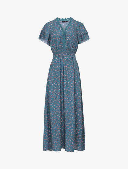 Robe imprimé petites fleurs à double manches - Bleu canard - 1