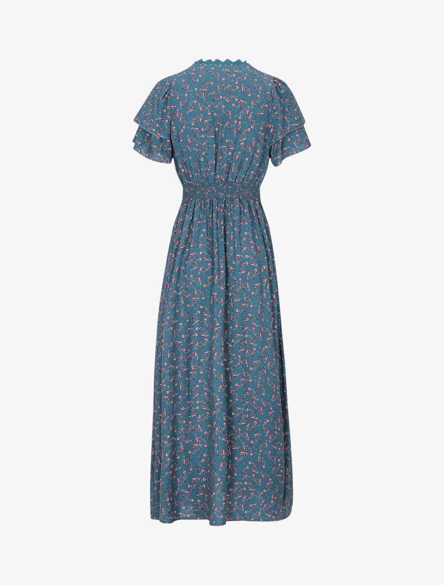 Robe imprimé petites fleurs à double manches - Bleu canard - 2
