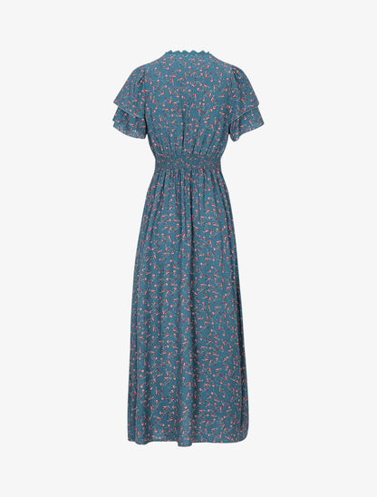 Robe imprimé petites fleurs à double manches - Bleu canard - 2