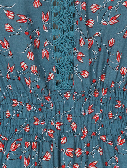 Robe imprimé petites fleurs à double manches - Bleu canard - 3