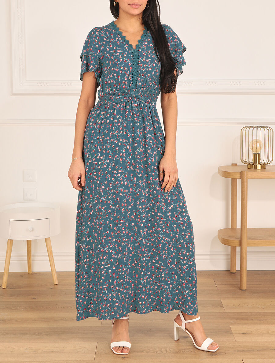 Robe imprimé petites fleurs à double manches - Bleu canard - 4