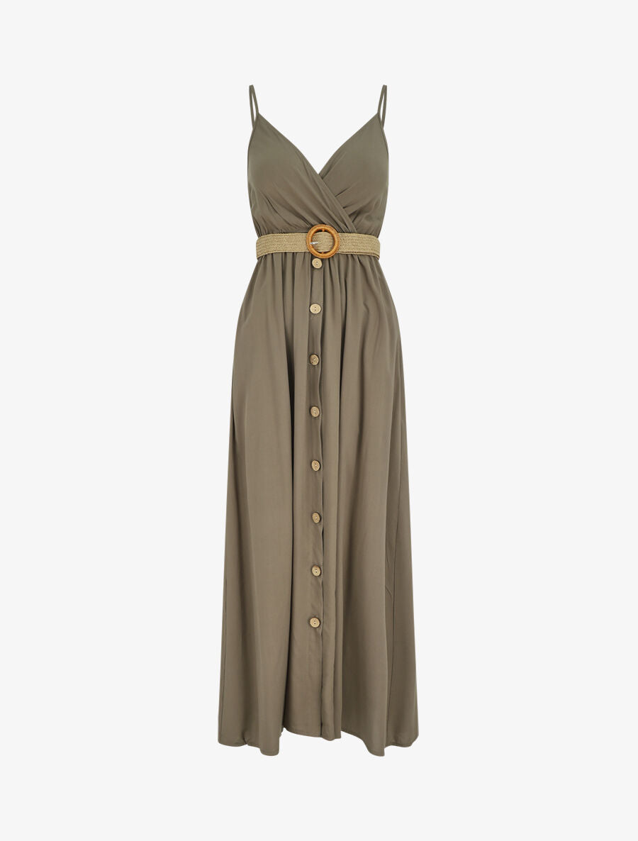 Robe longue unie à bretelles et boutons - Kaki - 1