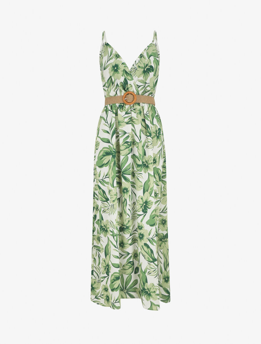 Robe longue imprimé grandes fleurs à bretelles - Vert - 1