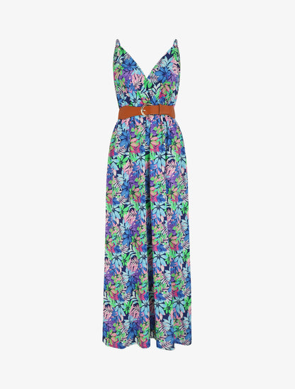 Robe longue imprimé feuilles sauvages à bretelles - Bleu - 2