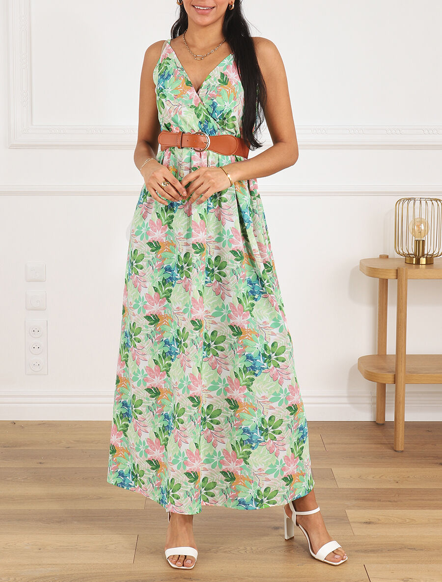 Robe longue imprimé feuilles sauvages à bretelles - Vert - 5