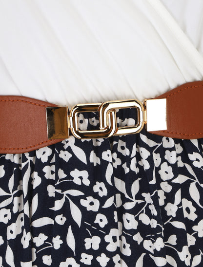 Robe mi-longue fleurie à fines bretelles - Marine - 3