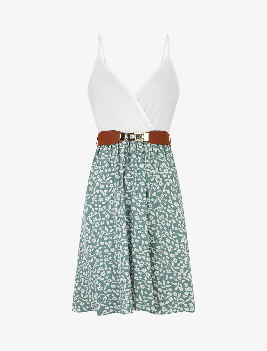 Robe mi-longue fleurie à fines bretelles - Vert d&