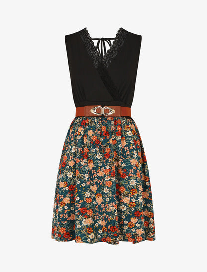 Robe mi-longue fleurie sans manches col dentelle - Bleu canard - 5