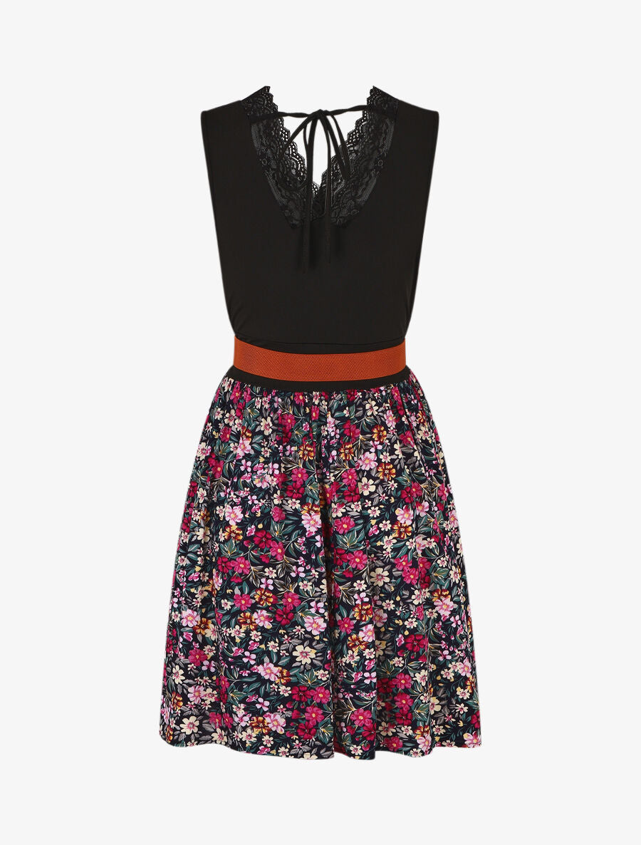 Robe mi-longue fleurie sans manches col dentelle - Marine - 2