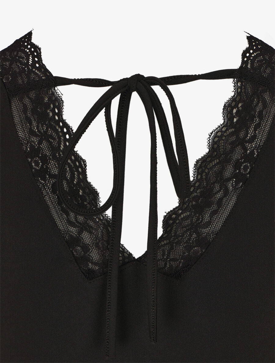 Robe mi-longue fleurie sans manches col dentelle - Marine - 3