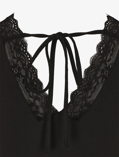 Robe mi-longue fleurie sans manches col dentelle - Marine - 3