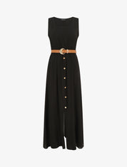 Robe longue unie boutonnée sans manches - Noir - 5