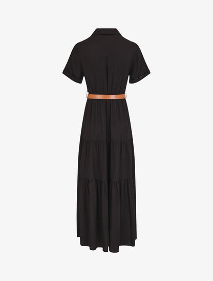 Robe longue unie à taille élastiquée - Noir - 2