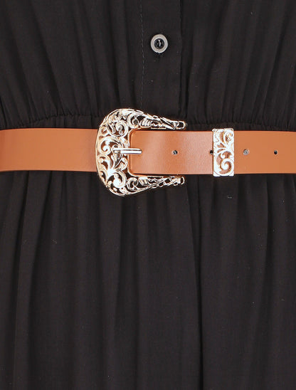Robe longue unie à taille élastiquée - Noir - 3