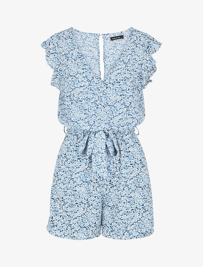 Combishort fleuri fluide à mancherons volantés - Bleu - 1