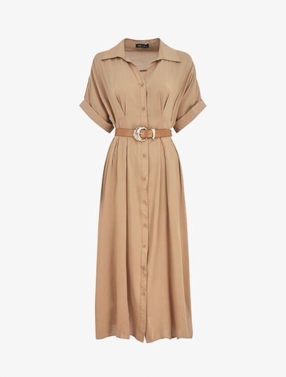 Robe chemise longue ceinturée - Camel - 1