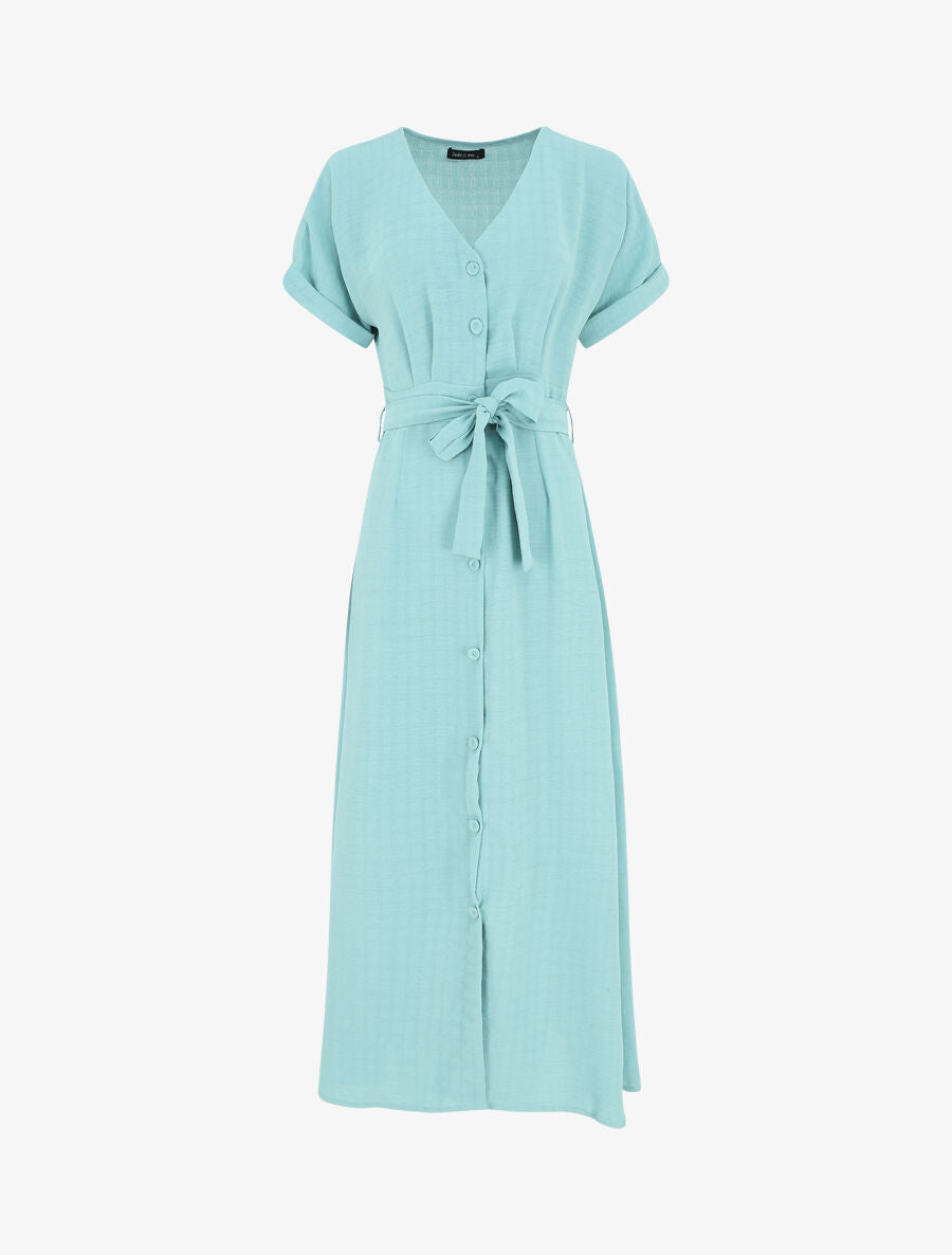 Robe longue unie ceinturée - Turquoise - 1