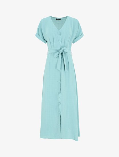 Robe longue unie ceinturée - Turquoise - 1
