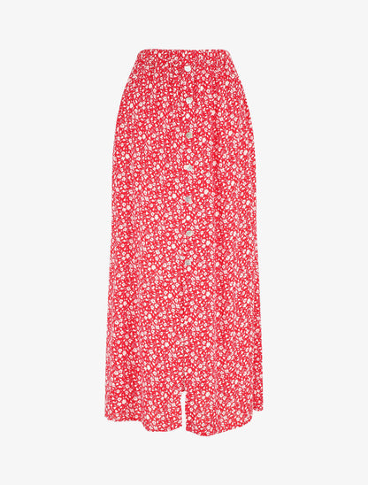 Jupe midi fleurie évasée à boutons - Rouge - 1