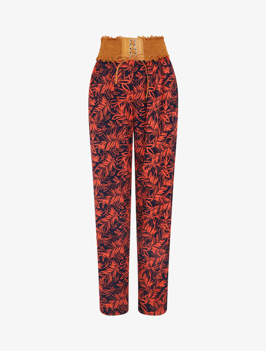 Pantalon droit taille haute imprimé végétal - Rouge - 1