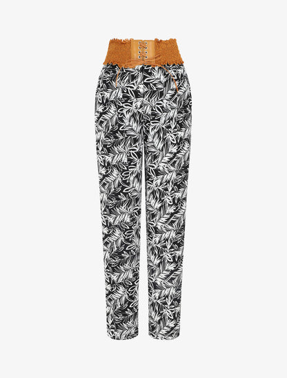 Pantalon droit taille haute imprimé végétal - Noir - 1