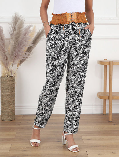 Pantalon droit taille haute imprimé végétal - Noir - 4
