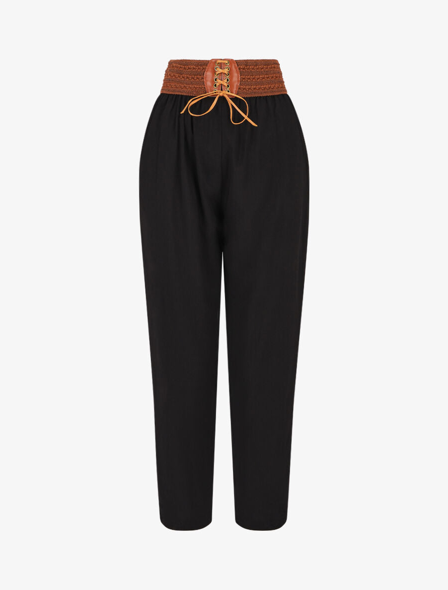 Pantalon fluide taille haute style corset - Noir - 5