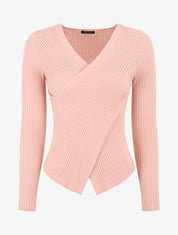 Pull côtelé moulant col cache-coeur - Rose - 6