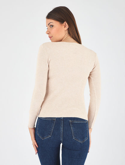Pull côtelé col cache-coeur et boutons - Beige - 5