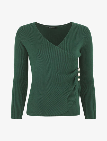 Pull côtelé col cache-coeur et boutons - Vert foncé - 6