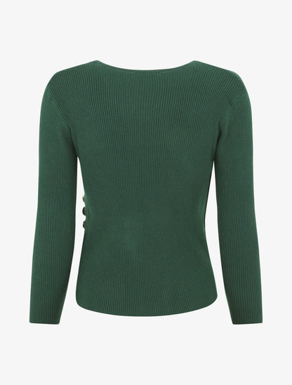 Pull côtelé col cache-coeur et boutons - Vert foncé - 2