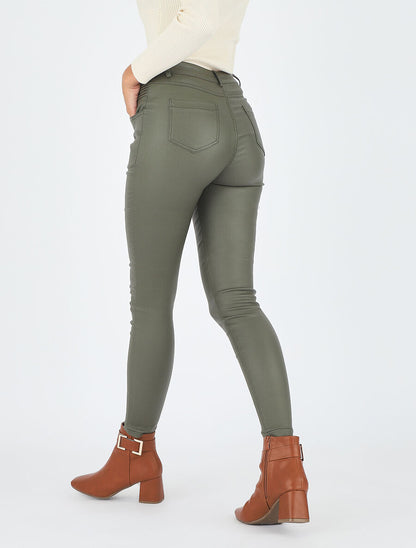 Pantalon taille haute en simili - Kaki - 5