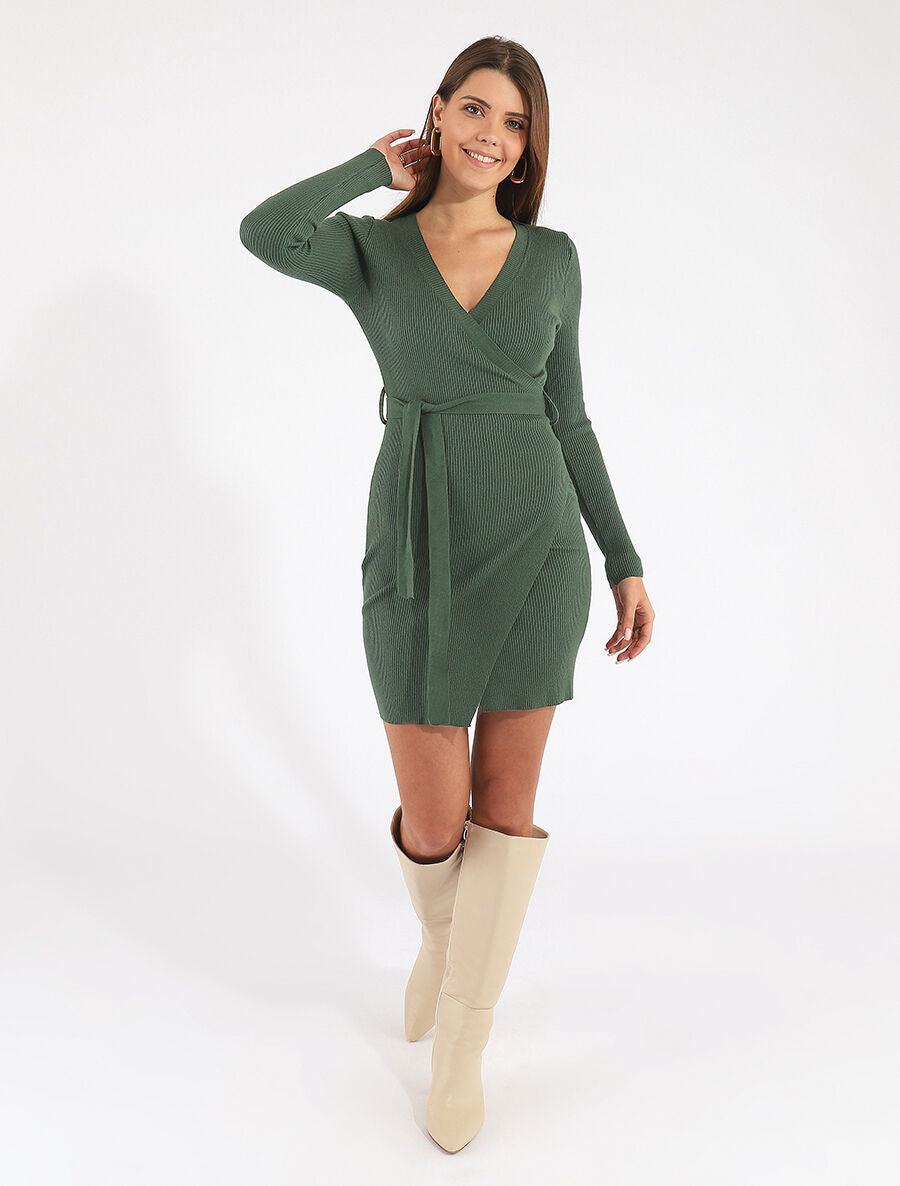 Robe moulante côtelée style cache-coeur - Vert - 4
