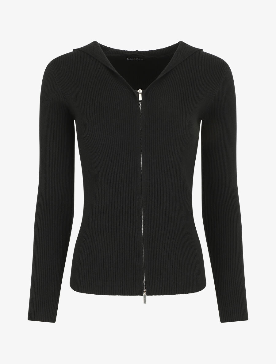 Gilet côtelé à capuche et zip - Noir - 4