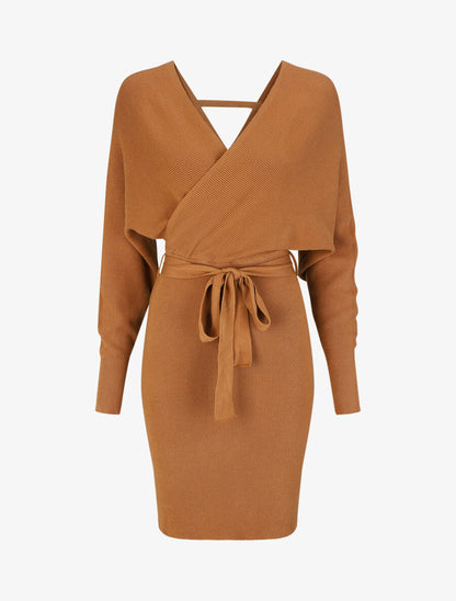 Robe mi-longue en maille à manches longues - Camel - 4