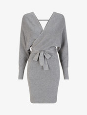 Robe mi-longue en maille à manches longues - Gris - 1