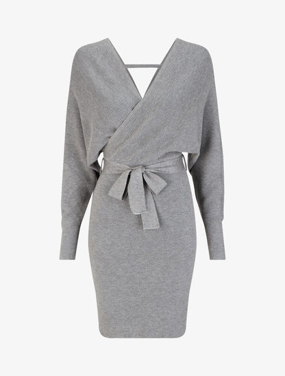 Robe mi-longue en maille à manches longues - Gris - 1