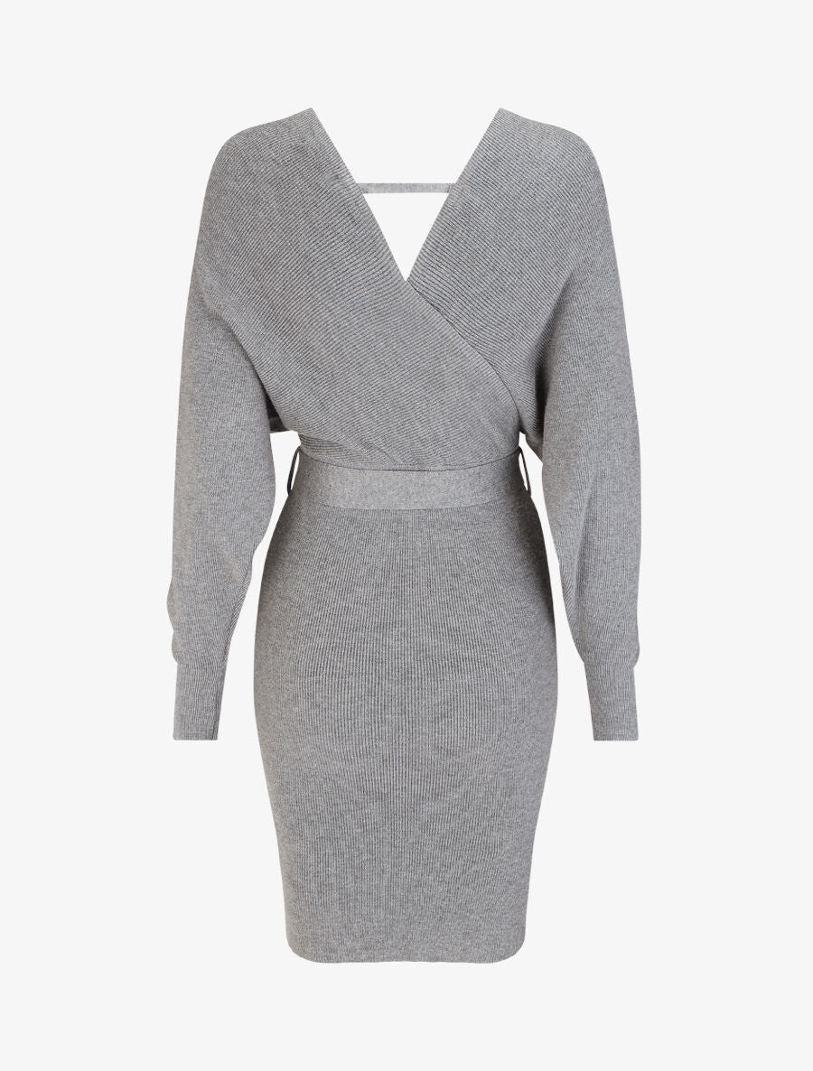 Robe mi-longue en maille à manches longues - Gris - 2
