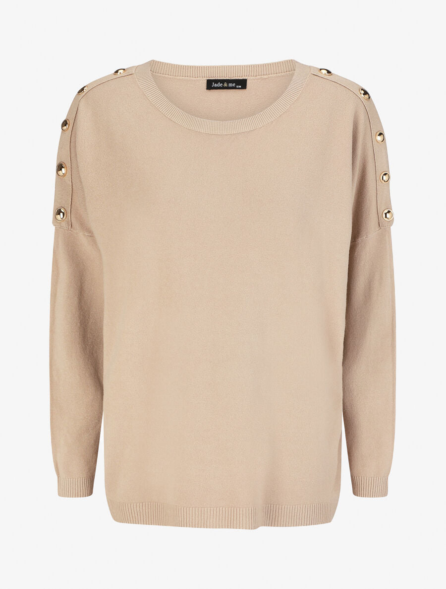 Pull fin à col rond et boutons décoratifs - Beige - 7