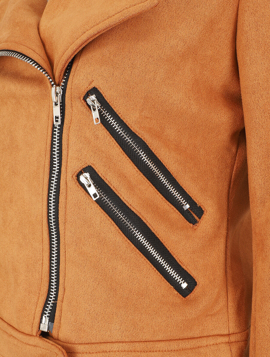 Veste en suédine à mutiples zip - Camel - 3