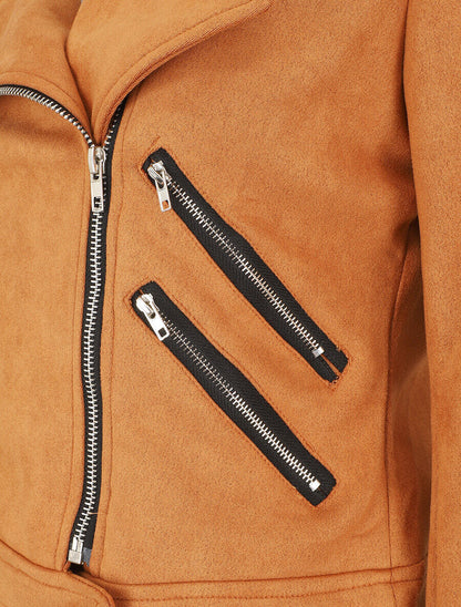 Veste en suédine à mutiples zip - Camel - 3