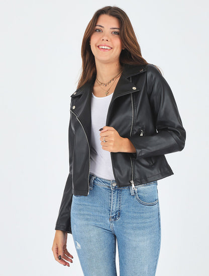 Veste droite style perfecto en simili - Noir - 5