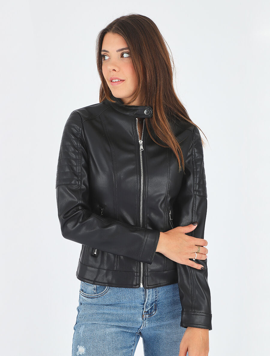 Veste en simili poches zippées - Noir - 5