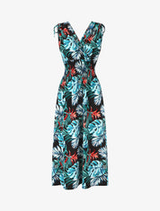 Robe longue élastiquée imprimé tropical - Bleu - 1