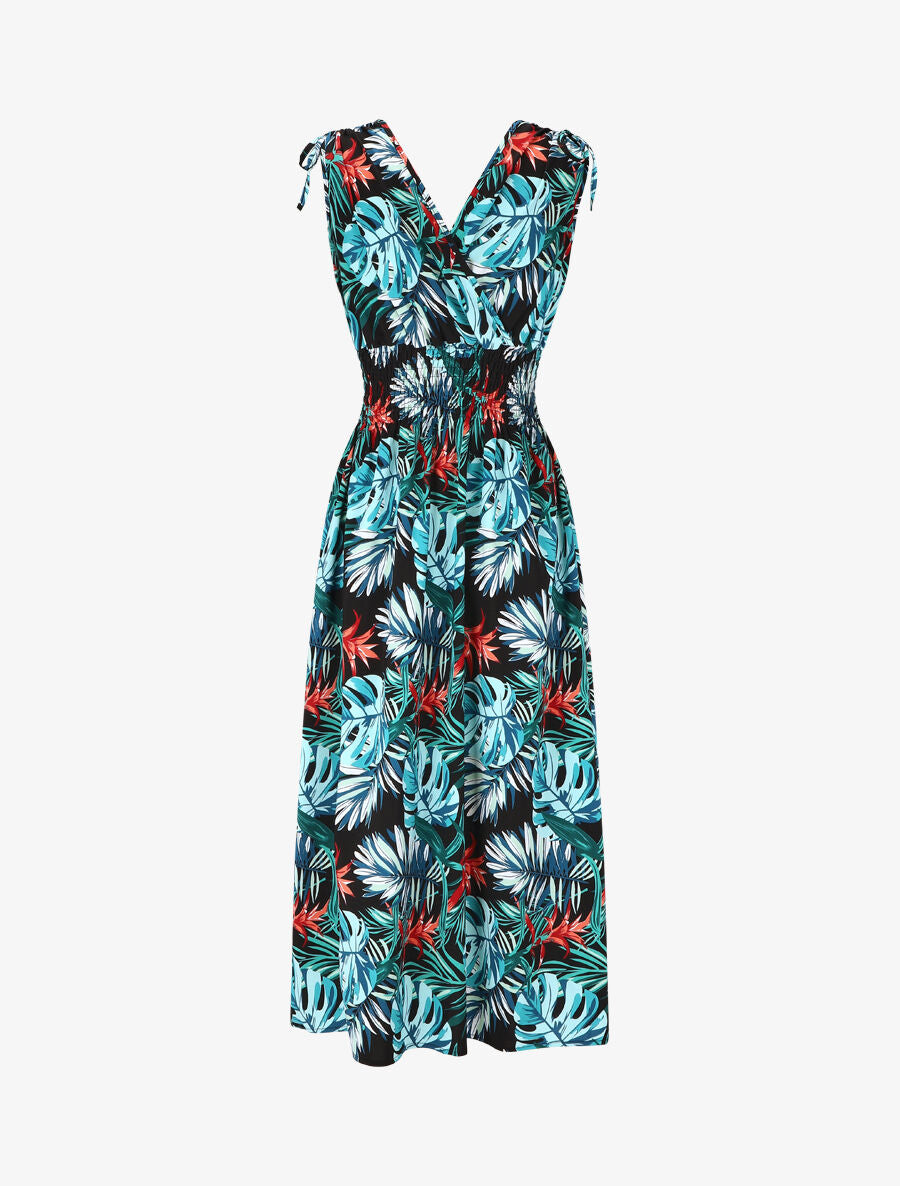 Robe longue élastiquée imprimé tropical - Bleu - 2
