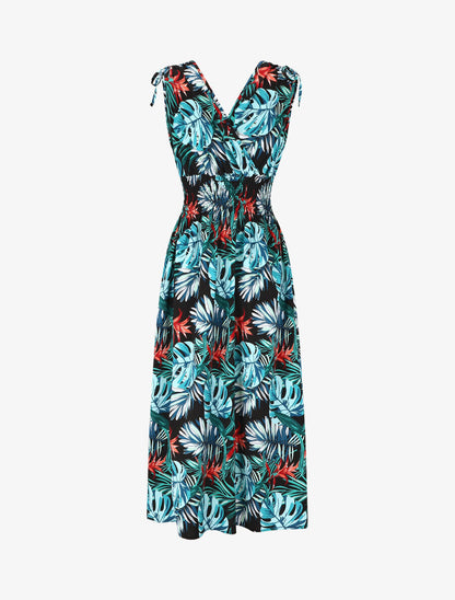 Robe longue élastiquée imprimé tropical - Bleu - 2