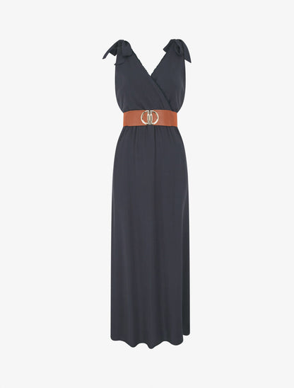 Robe longue à nœuds sur les épaules - Marine - 5