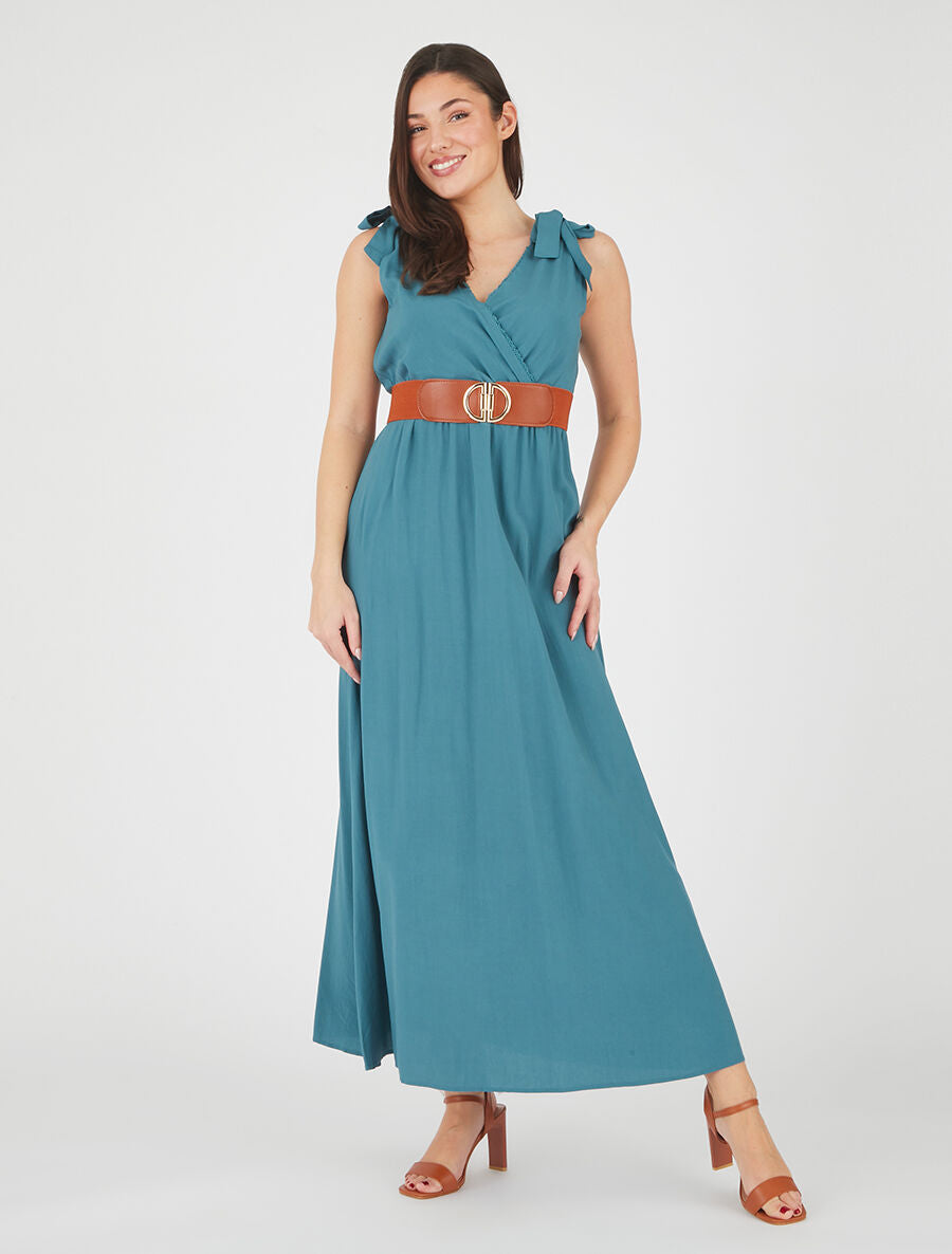 Robe longue à nœuds sur les épaules - Bleu canard - 4