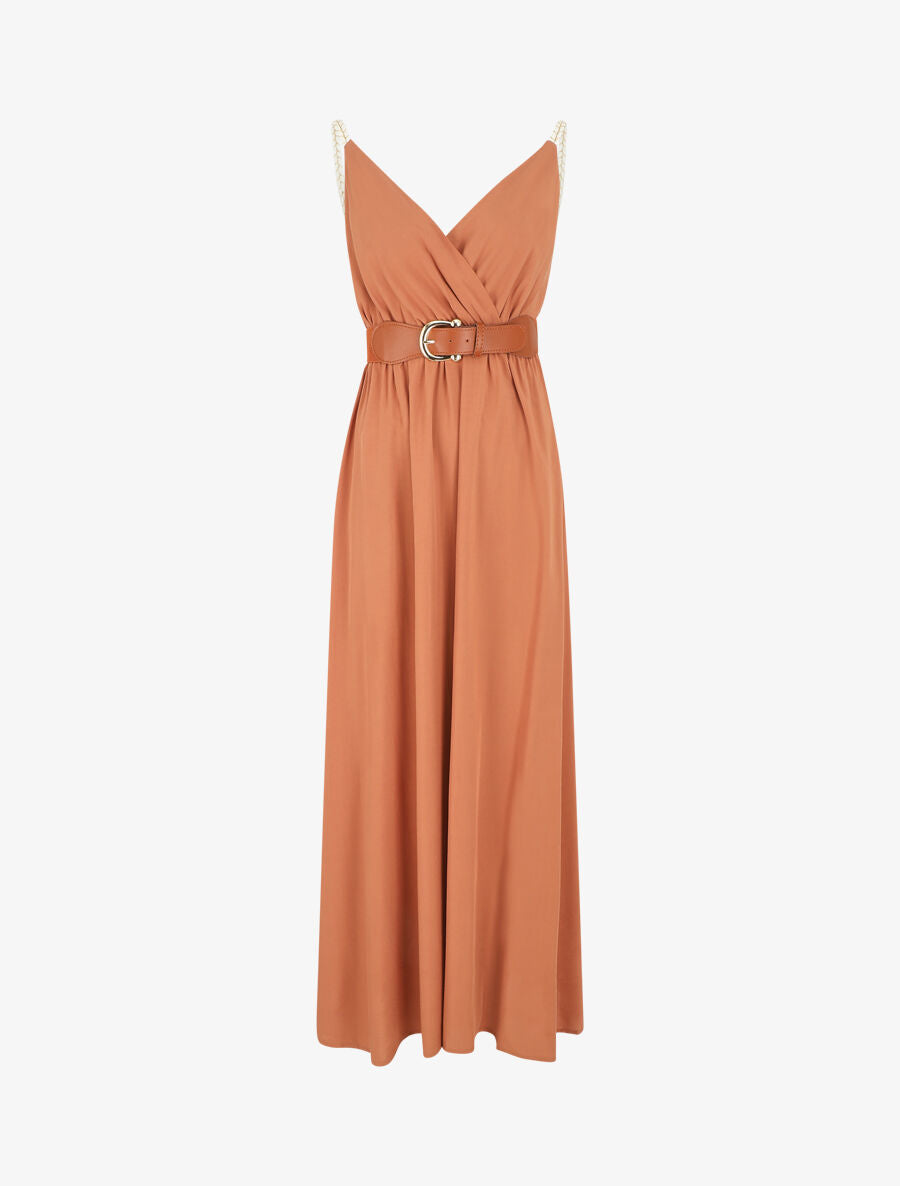 Robe longue unie à bretelles fantaisies - Rouille - 2