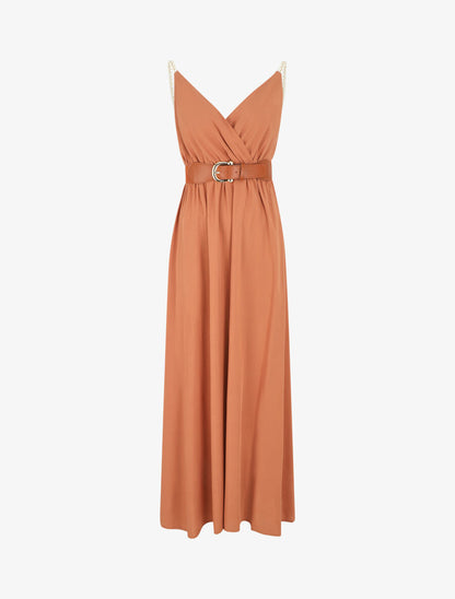 Robe longue unie à bretelles fantaisies - Rouille - 2